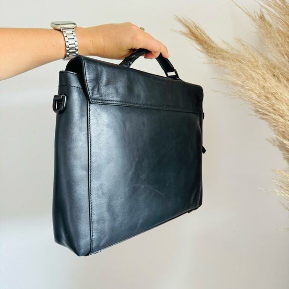 COLE HAAN Black Leather Warner Briefcase Travel Bag Zipper Pocket Laptop Case - Picture 15 of 16